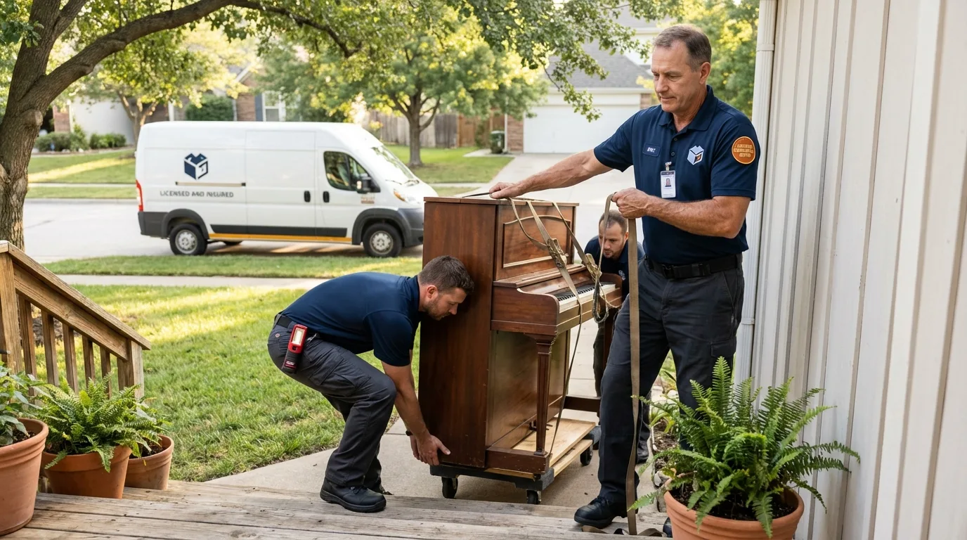 Licensed piano movers securing grand piano in Foster, RI
