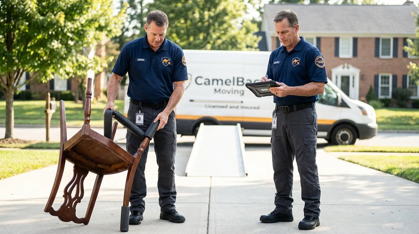 Movers inspecting furniture for damage prevention before loading in Foster, RI