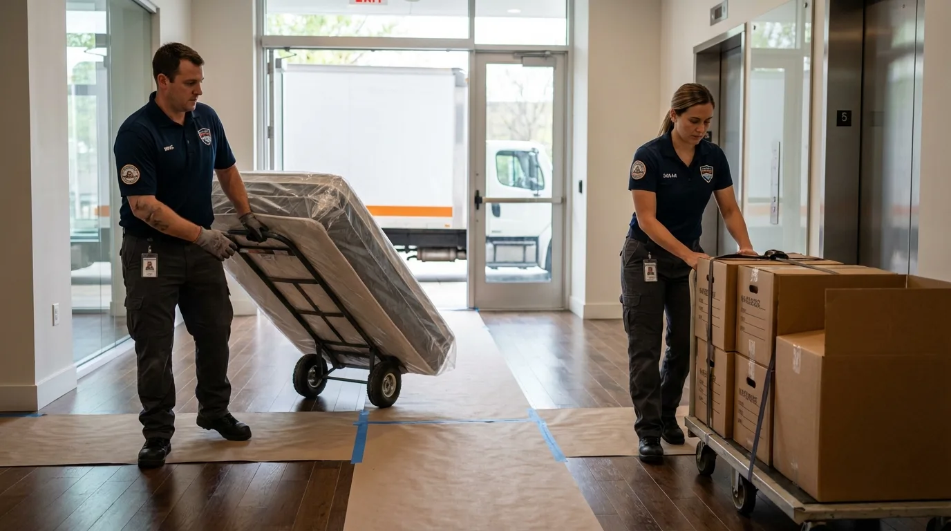 Professional apartment movers loading elevator in Foster, RI
