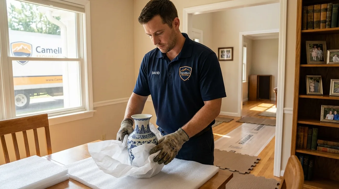 Professional crew carefully wrapping antique vase for senior downsizing move in Foster, RI
