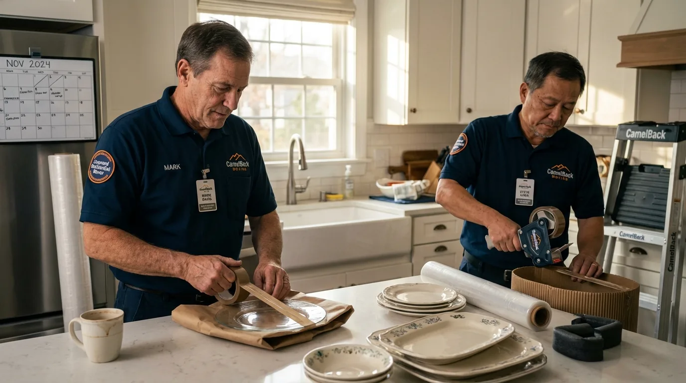Professional crew packing kitchen dishware in Foster, RI